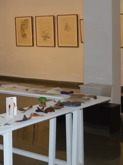 A wider view of the installation tables at 'Bring me Flowers', showcasing the variety of small sculptures, objects, and notebooks that were part of the exhibition.