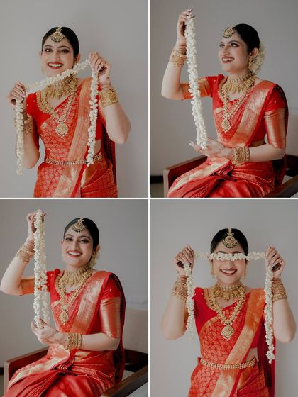 A collage of the bride's playful and happy moments with her jasmine garland.