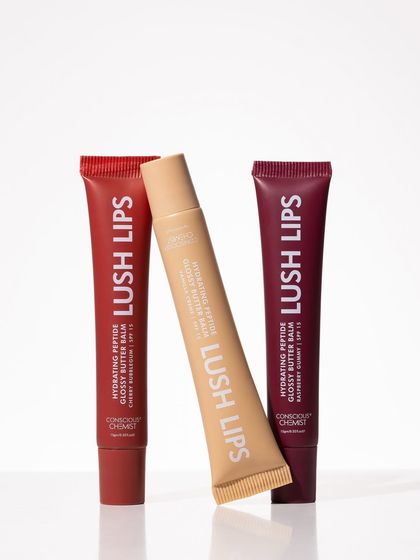 Clean, simple, and effective. This classic group shot of the three lip gloss tubes against a crisp white background is perfect for e-commerce, clearly showcasing the product range without distractions.