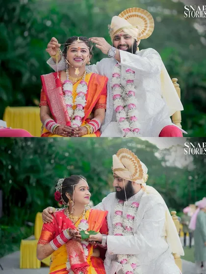 A collage showing two key moments from a Maharashtrian wedding ceremony. We create visual narratives that tell the complete story of your day, from the solemn rituals to the joyful interactions.