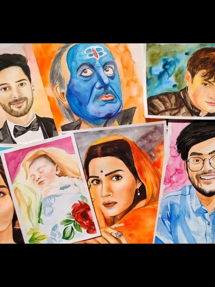 A collage showcasing a variety of my recent watercolor portraits. It displays the range of subjects and styles I can create for custom orders.