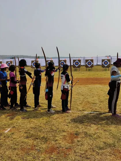 The shooting line for the Indian wooden bow category at the 15th Mini State Archery Championship.
