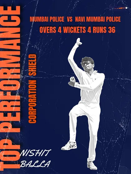 Another top performance from Nishit Balla in the Corporation Shield, taking 4 wickets against Navi Mumbai Police.