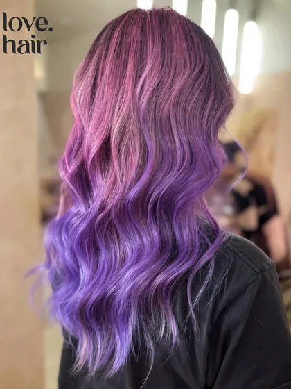 The back view of the cotton candy balayage, showing the seamless melt from pink to purple.