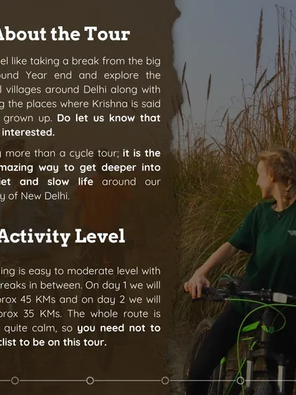 Wondering if this tour is for you? This graphic explains the activity level and what to expect. The Krishna's Trails ride is an easy to moderate journey, making it accessible even if you are not a regular cyclist.