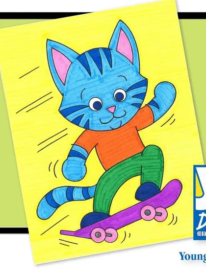 A cool cat on a skateboard. This drawing combines animal cartooning with action, teaching students how to create a sense of movement and personality.