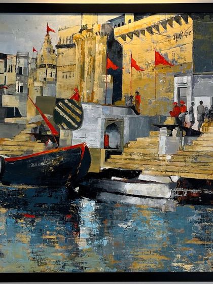 A close-up of the 'Banaras Ghat' painting. You can see the texture and detail in the depiction of the ancient steps and the boats on the Ganga.