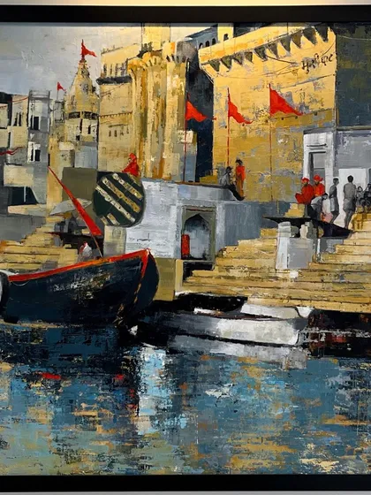 My 6x4 feet painting of the Banaras Ghat, now in a private collection. I used pure acrylic on canvas to depict the ancient architecture and its reflection in the Ganga, capturing the timeless spirit of Varanasi.