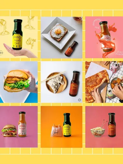 A grid collage showcasing our work for a sauce brand. This demonstrates our ability to create a varied yet cohesive feed, using different backgrounds, props, and concepts to keep the content fresh.