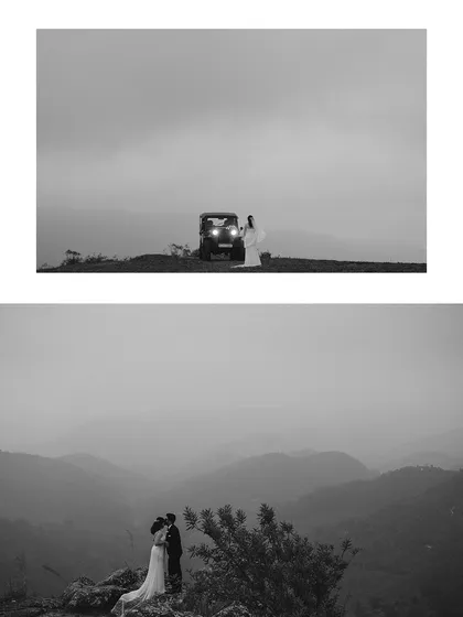 A cinematic escape into the mountains for Jibin and Athira. These wide, atmospheric shots capture the feeling of being on top of the world together, perfect for an adventurous post-wedding or pre-wedding photoshoot.