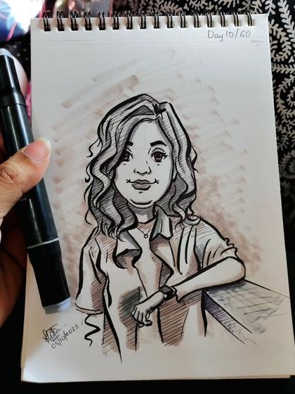 A relaxed and cool caricature sketch. The pose and the wavy hair give it a very natural feel.