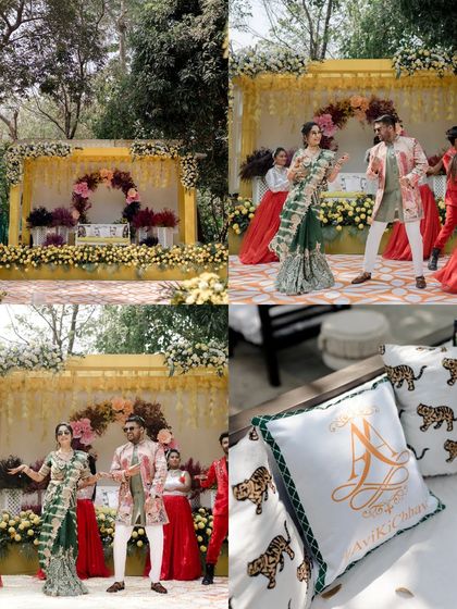A collage of the Haldi decor and the couple's dance performance, showcasing the event's vibrant theme.