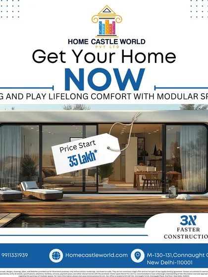 A promotional graphic for our modular homes, highlighting the starting price of 35 Lakh. The image features a modern, glass-fronted unit with a poolside deck, showcasing a luxurious yet accessible lifestyle.