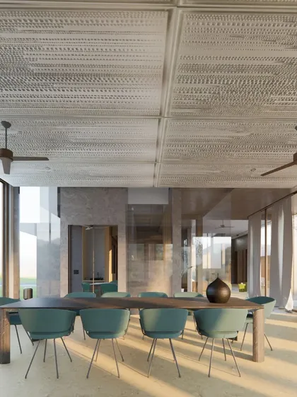 The dining area in the Sanctuary Residence is envisioned as a glass pavilion, surrounded by views of the landscape and featuring a ceiling with a subtle, woven texture.