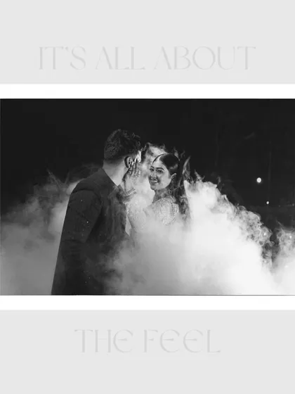 "It's all about the feel." A black and white, smoke-filled portrait that perfectly captures the intimate and mysterious atmosphere of a couple's Sangeet dance.