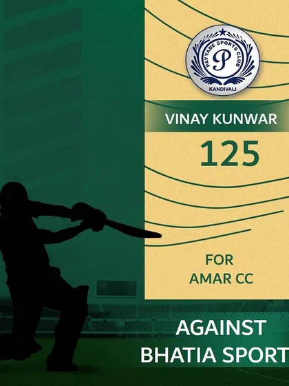Vinay Kunwar showcased his batting talent with an impressive score of 125 runs for Amar CC against Bhatia Sports.