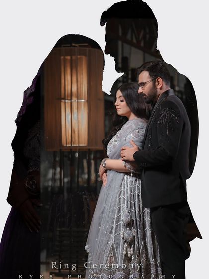 A double exposure effect to add an artistic touch to this ring ceremony photo. It layers a silhouette of the couple over their portrait, symbolizing their journey and union.
