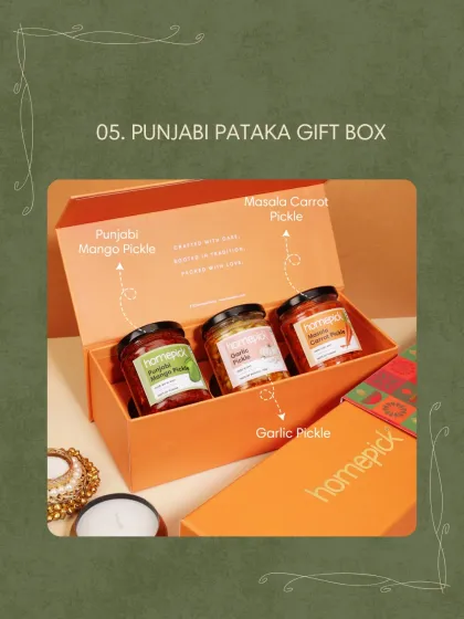 This is our Punjabi Pataka Gift Box, a curated selection for those who love bold and spicy flavours. It includes our popular Punjabi Mango Pickle, Garlic Pickle, and Masala Carrot Pickle, all packed and ready to gift.