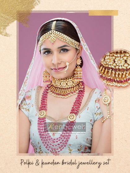 Inspired by celebrity wedding looks, this Polki Kundan set with ruby pink onyx beads is a showstopper. Rent the complete bridal ensemble for a glamorous and unforgettable appearance.