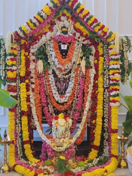 An elaborate alankaram (decoration) for a Satyanarayana pooja. I believe in making the sacred space beautiful to welcome the divine, using fresh flowers and traditional arrangements to create a feeling of peace and celebration.