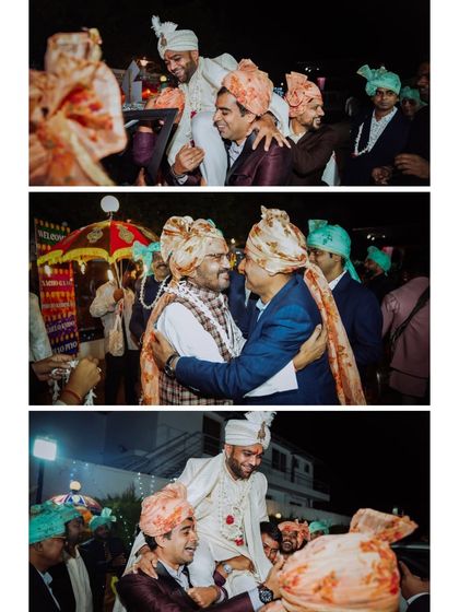 The energy of the groom's baraat is captured in this collage, showing joyful dancing and family hugs. I love documenting the fun and chaos of the groom's procession.
