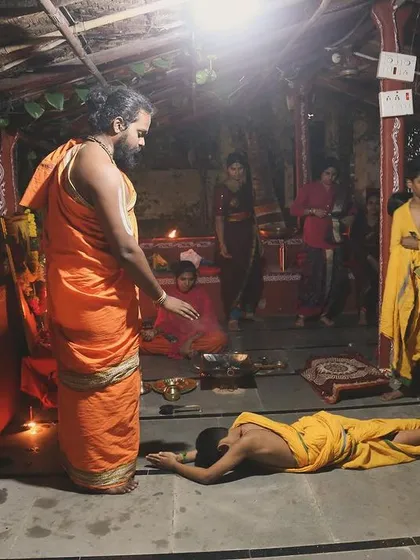 A moment of complete surrender and reverence. This act of 'Sashtanga Namaskar' from a disciple to his Guru is the ultimate expression of trust and respect in our tradition, signifying readiness to receive knowledge.