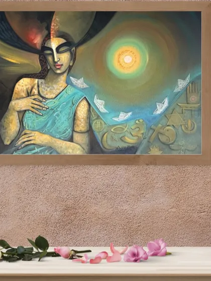 An untitled 36x48 inch acrylic on canvas painting, shown here in a home setting, depicting a woman releasing paper boats into a stream of light.