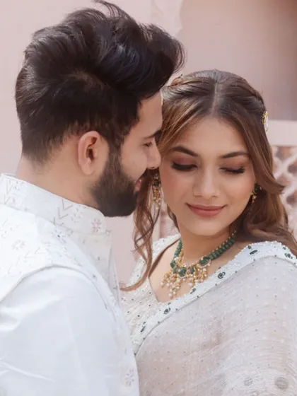My bride and groom looking serene and elegant for their Mayra ceremony. The bride is wearing a beautiful white saree with a soft, natural makeup look.