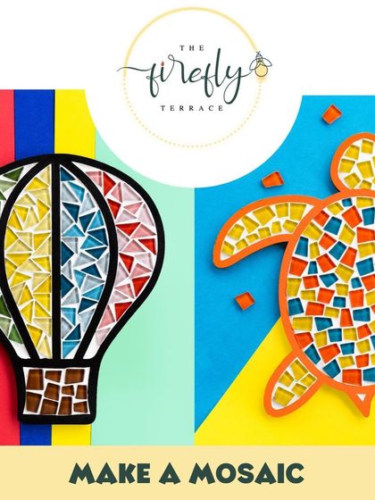 Our mosaic kits are a fantastic way to spend a creative afternoon. This image shows two of our most popular designs, a hot air balloon and a sea turtle, ready to be filled with sparkling tiles.