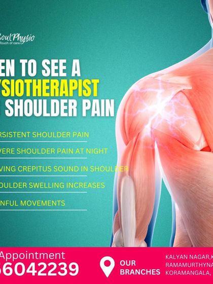 When should you see a physiotherapist for shoulder pain? If you have persistent pain, severe pain at night, a crepitus sound, swelling, or painful movements, it's time to book an appointment.