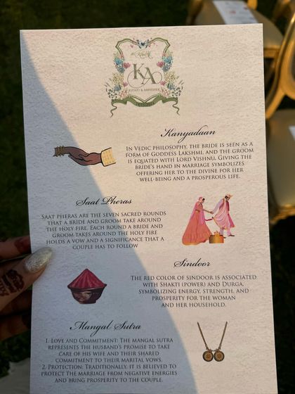 A beautiful wedding invitation card from a recent Goa wedding I hosted. The details, like explaining the Saat Pheras and Kanyadaan, add such a thoughtful touch for guests.