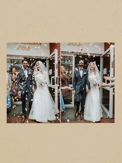 The confetti exit. A moment of pure celebration as the couple leaves the ceremony, showered with petals and good wishes from their loved ones.