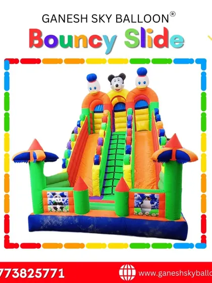 A clear view of our 3-lane Mickey Mouse bouncy slide. I use durable, smooth fabric to ensure a safe and fun slide for every child.