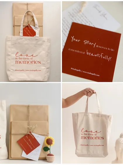 This is how your memories arrive. Your custom album is wrapped in simple, eco-friendly paper and placed in a beautiful tote bag, complete with a thank you card. Every detail is chosen with love.