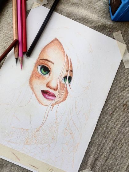 The first WIP of the cute, semi-realistic girl, showing just her face colored in.