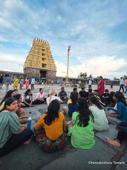 A moment of peace and learning at the Chennakeshava Temple in Belur. Our trip captain shares stories that bring the ancient stones to life.