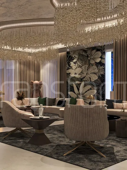 Another view of the grand living room, showing the relationship between the curved sofa, the dark rug, and the statement art piece. The space is designed for both large gatherings and intimate moments.