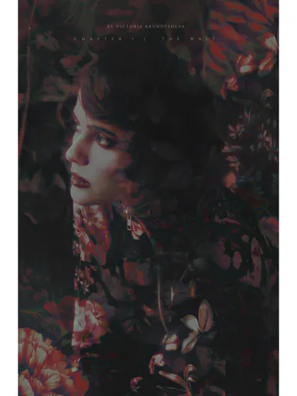 A double-exposure style image from 'The Wait', blending a portrait with floral motifs. This visual technique represents the merging of memory and present reality.