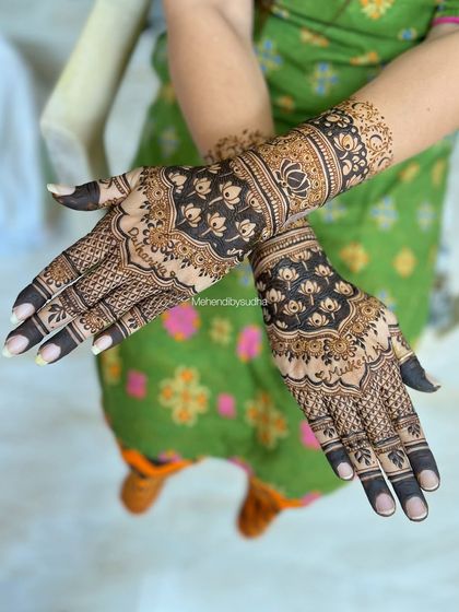 A full view of the semi-bridal design with lotus motifs, showcasing the beautiful use of negative space.