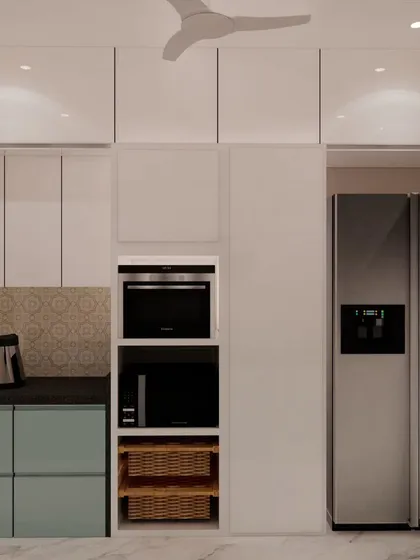 A beautiful combination of pastel blue back-painted glass shutters on the bottom and ivory white on top. This design includes a tall unit with integrated ovens and open wicker baskets for easy access.