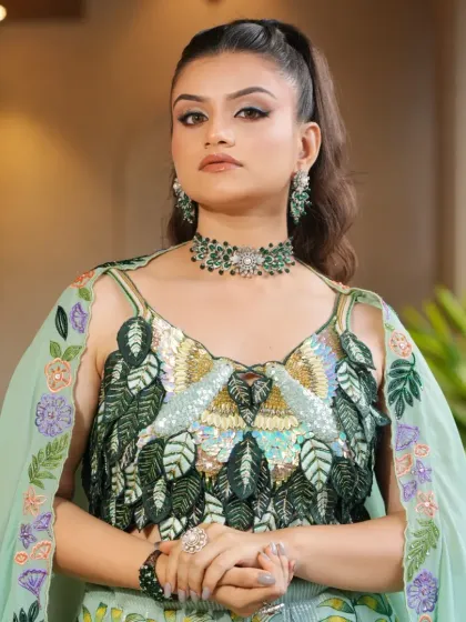 A confident pose in the mint green lehenga, showing the full effect of the cape-style dupatta and the detailed blouse. The matching jewellery ties the entire modern look together.