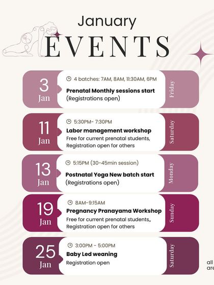 This was our January calendar, packed with events to support new and expecting mothers. You can see the details for the postnatal program, along with workshops on labor management, pregnancy pranayama, and baby-led weaning.
