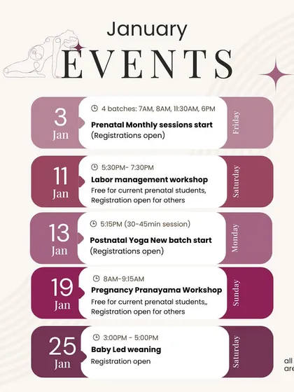 This was our January calendar, packed with events to support new and expecting mothers. You can see the details for the postnatal program, along with workshops on labor management, pregnancy pranayama, and baby-led weaning.