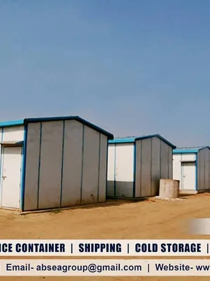 A row of porta cabins installed in a remote location. These versatile units can serve as worker accommodation, storage, or temporary facilities, offering a durable and pocket-friendly solution.
