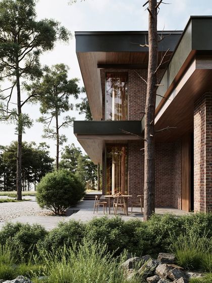 A closer view of the woodland retreat, focusing on the brick and wood textures of the facade. This detailed shot highlights our attention to material realism and how the structure interacts with its immediate natural surroundings.