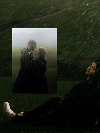 An artistic collage blending different moments from a rainy day shoot, from quiet embraces to lying together in a green field.