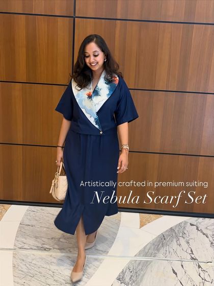 The Nebula Scarf Set, artistically crafted in premium suiting fabric. This full-length shot shows how the set creates a sophisticated and powerful silhouette.