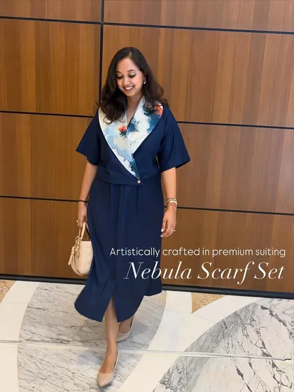 The Nebula Scarf Set, artistically crafted in premium suiting fabric. This full-length shot shows how the set creates a sophisticated and powerful silhouette.