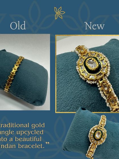 Refurbished jewelry doesn't mean old-fashioned. This old gold bangle has been completely reimagined into a stunning Kundan bracelet, preserving the beauty of the past while embracing modern elegance.