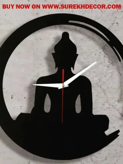 A peaceful and modern design, this wall clock showcases the silhouette of a meditating Buddha within a crescent frame. The minimalist black metal construction creates a sense of calm and tranquility.